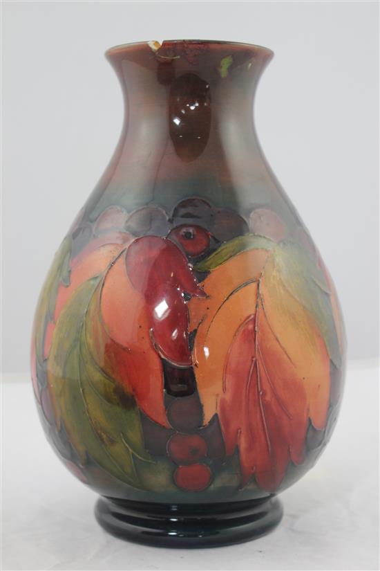 A Moorcroft leaf and berry flambe baluster vase, c.1945-49 24.5cm, rim damage